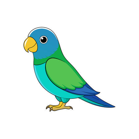 Cartoon parrot illustration with blue, green, yellow, turquoise colors