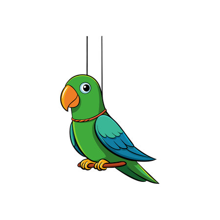 Cartoon green parrot marionette hanging from strings on whiteのイラスト素材