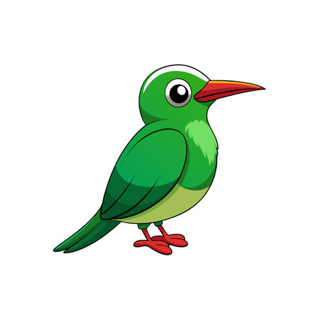 Cartoon green bird illustration with red beak and feetのイラスト素材