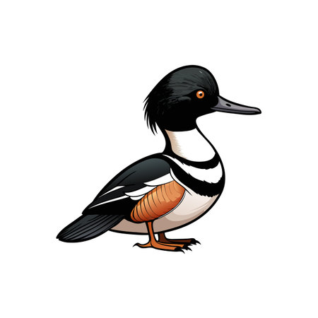 Cartoon illustration of a hooded merganser duck standing stillのイラスト素材