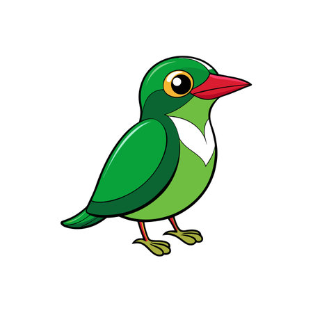 Cartoon green bird illustration with red beak and legsのイラスト素材