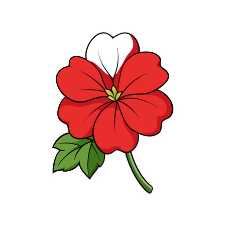 Stylized Red Flower with Green Leaves on White Backgroundのイラスト素材