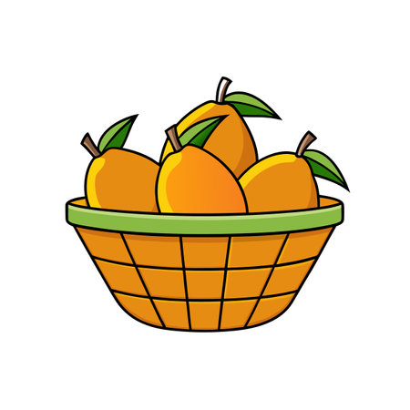 Cartoon basket full of mangoes with leaves illustrationのイラスト素材