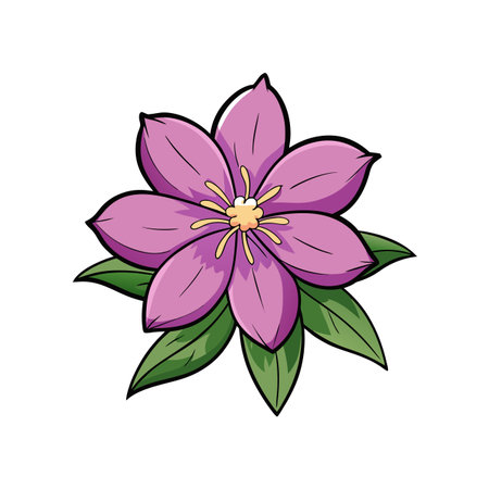 Stylized purple flower with green leaves illustration on whiteのイラスト素材