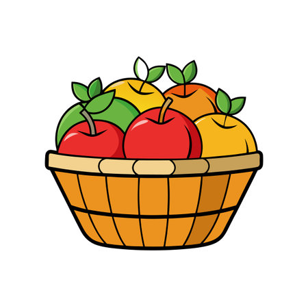 Basket brimming with colorful apples and oranges cartoon vectorのイラスト素材