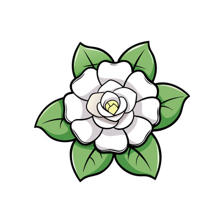 Stylized white flower with green leaves in cartoon styleのイラスト素材