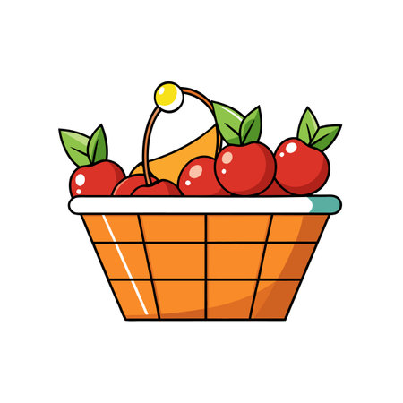 Basket of ripe cherries with green leaves vector illustrationのイラスト素材