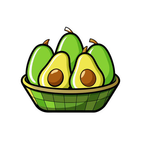 Cartoon basket filled with fresh green and yellow avocadosのイラスト素材