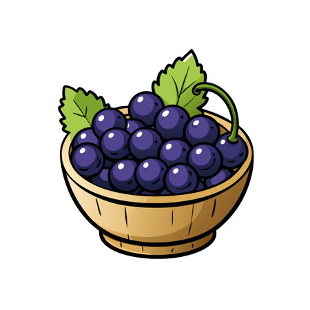 Bowl of dark purple grapes with green leaves illustrationのイラスト素材