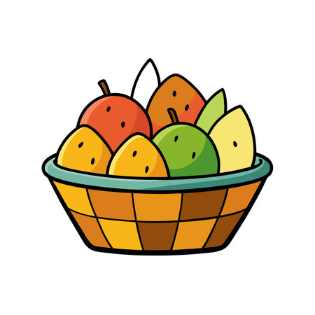 Cartoon illustration of a basket full of various fruitsのイラスト素材