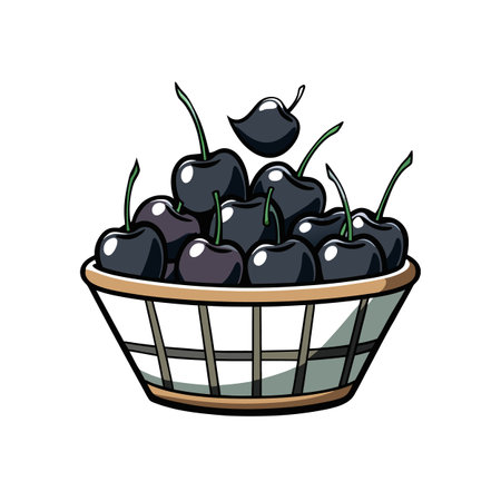 Basket brimming with dark cherries, whimsical cartoon illustrationのイラスト素材