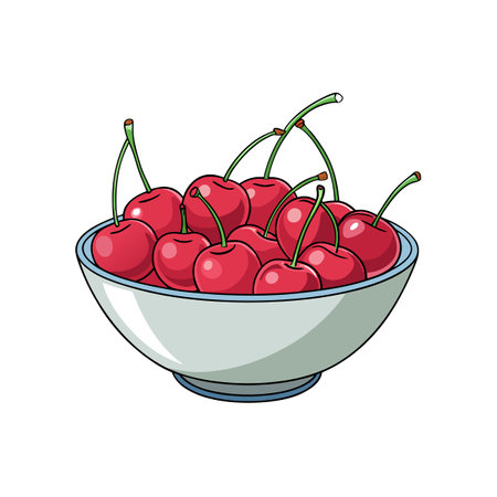 Cartoon bowl of ripe cherries, fresh and deliciousのイラスト素材