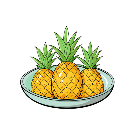 Three ripe pineapples arranged on a light blue plateのイラスト素材