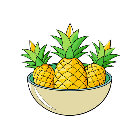 Three pineapples in a bowl in cartoon style.のイラスト素材