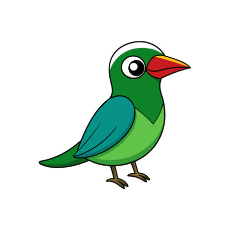 Cartoon green bird illustration in bright color with black outlinesのイラスト素材