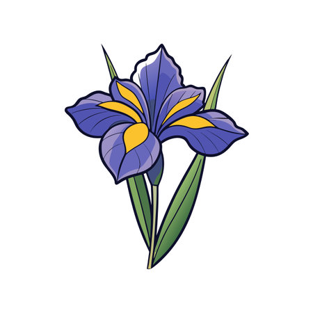 Stylized blue iris with yellow markings and green leaves
