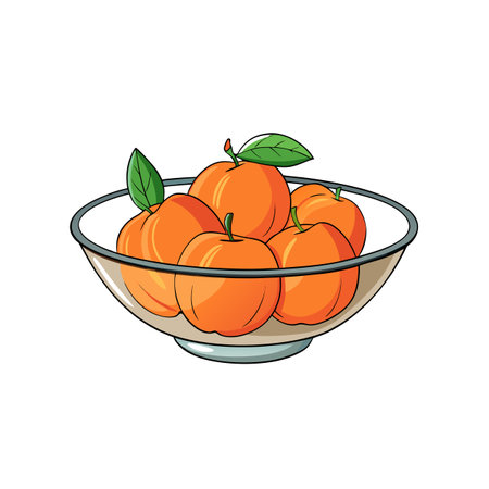 Bowl of Cartoon Oranges with Leaves in Simple Illustrationのイラスト素材