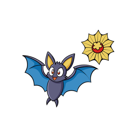 Cartoon bat flying near a decorative gold flower graphicのイラスト素材