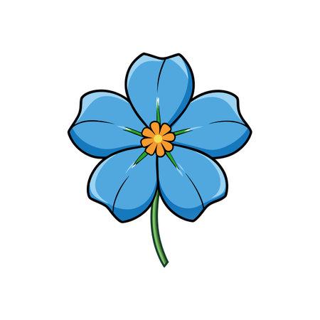 Cartoon style five-petal blue flower with black outlineのイラスト素材