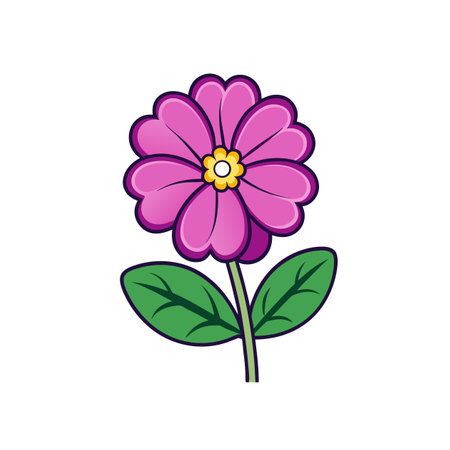 Cute cartoon style pink flower with green leaves imageのイラスト素材