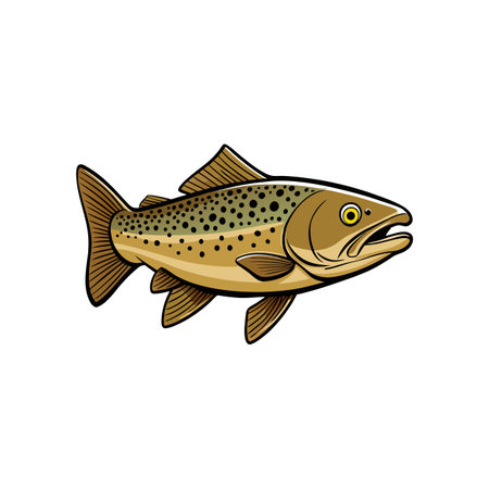 Cartoon Brown Trout Illustration with Black Outline isolatedのイラスト素材