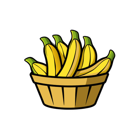 Cartoon basket overflowing with ripe yellow banana fruitsのイラスト素材