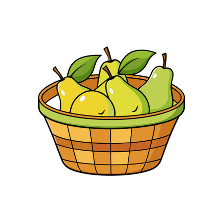 Cartoon basket filled with fresh pears and green leavesのイラスト素材