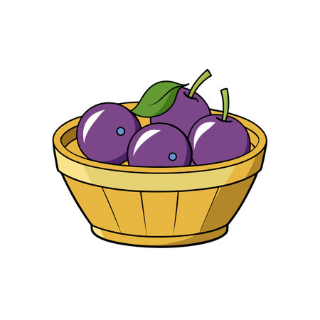 Basket with cartoon plums illustration for market product designsのイラスト素材