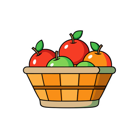 Vibrant cartoon basket overflowing with fresh, colorful applesのイラスト素材