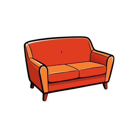 Cartoon red sofa with black outline on white backgroundのイラスト素材