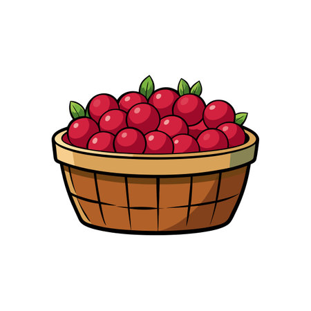 Basket full of cherries with leaves in cartoon styleのイラスト素材