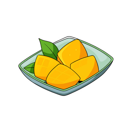 Cartoon mango chunks with leaves on an aqua plateのイラスト素材