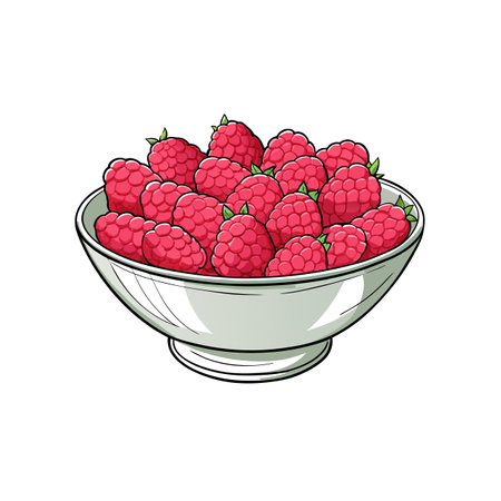 Bowl overflowing with ripe raspberries against white background imageのイラスト素材