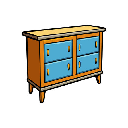 Cartoon dresser illustration with four blue drawers and yellow accentsのイラスト素材