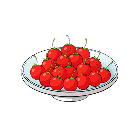 Illustration of fresh tomatoes overflowing a light blue dishのイラスト素材