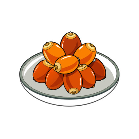 Shiny orange dates on plate against a white backgroundのイラスト素材