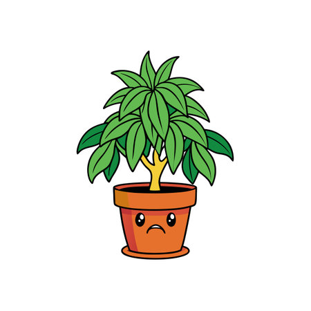 Sad Potted Plant Cartoon Character with Large Green Leavesのイラスト素材