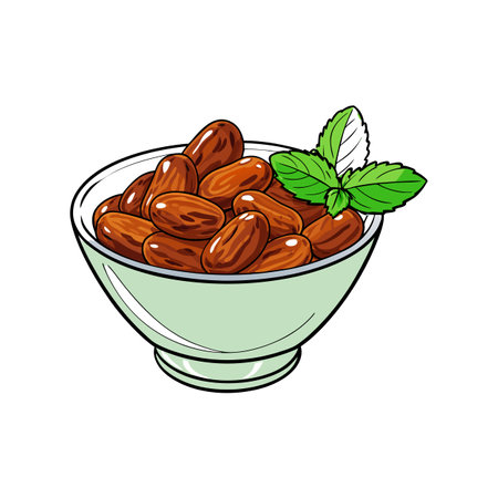 Bowl of dates with fresh mint garnish illustrationのイラスト素材