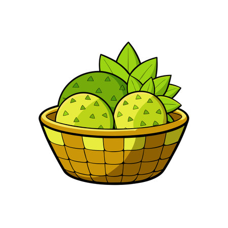 Stylized vector drawing of fruits and leaves in basketのイラスト素材