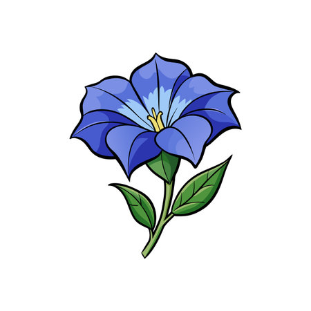 Vibrant blue cartoon flower with green stem and leavesのイラスト素材