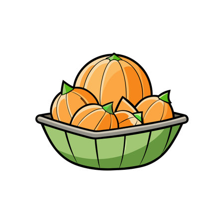 Cartoon pumpkins in a green bowl, isolated on whiteのイラスト素材