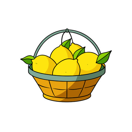 Basket with lemons and leaves in cartoon style illustrationのイラスト素材