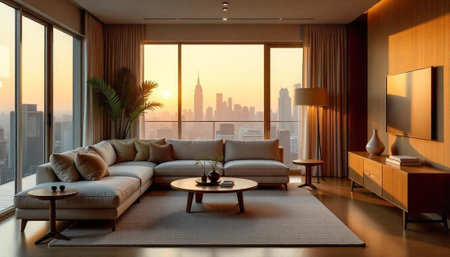Luxury apartment living room with a stunning city viewの写真素材