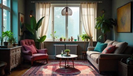 Cozy living room interior design with plants and textiles