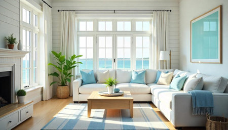 Bright coastal living room with ocean view and white couch