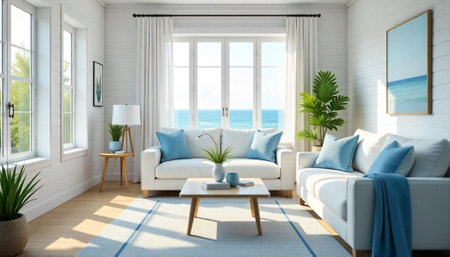 Bright coastal living room with ocean view and light colorsの写真素材