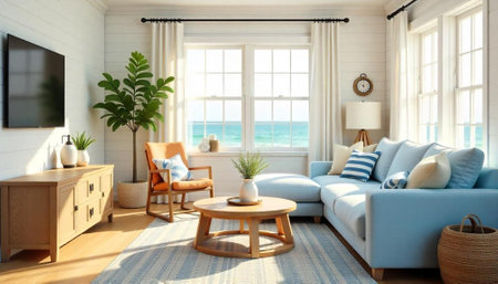 Bright coastal living room with ocean view and cozy furnitureの写真素材