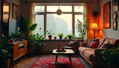 Cozy living room bathed in warm light with plants