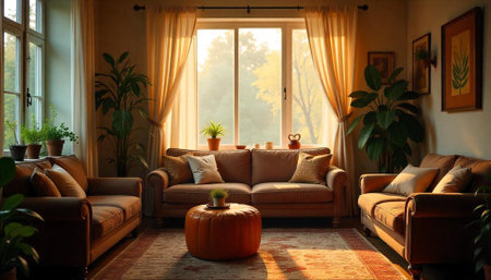 Cozy living room interior with warm lighting and plantsの写真素材