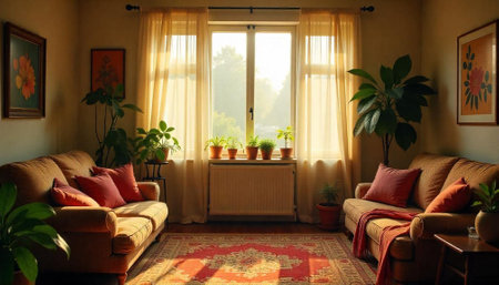 Cozy Living Room with Warm Sunlight and Plants